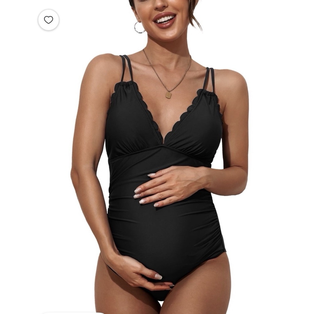 Charmo Maternity One Piece Swimsuit Women's Medium Black Scalloped Ruched
